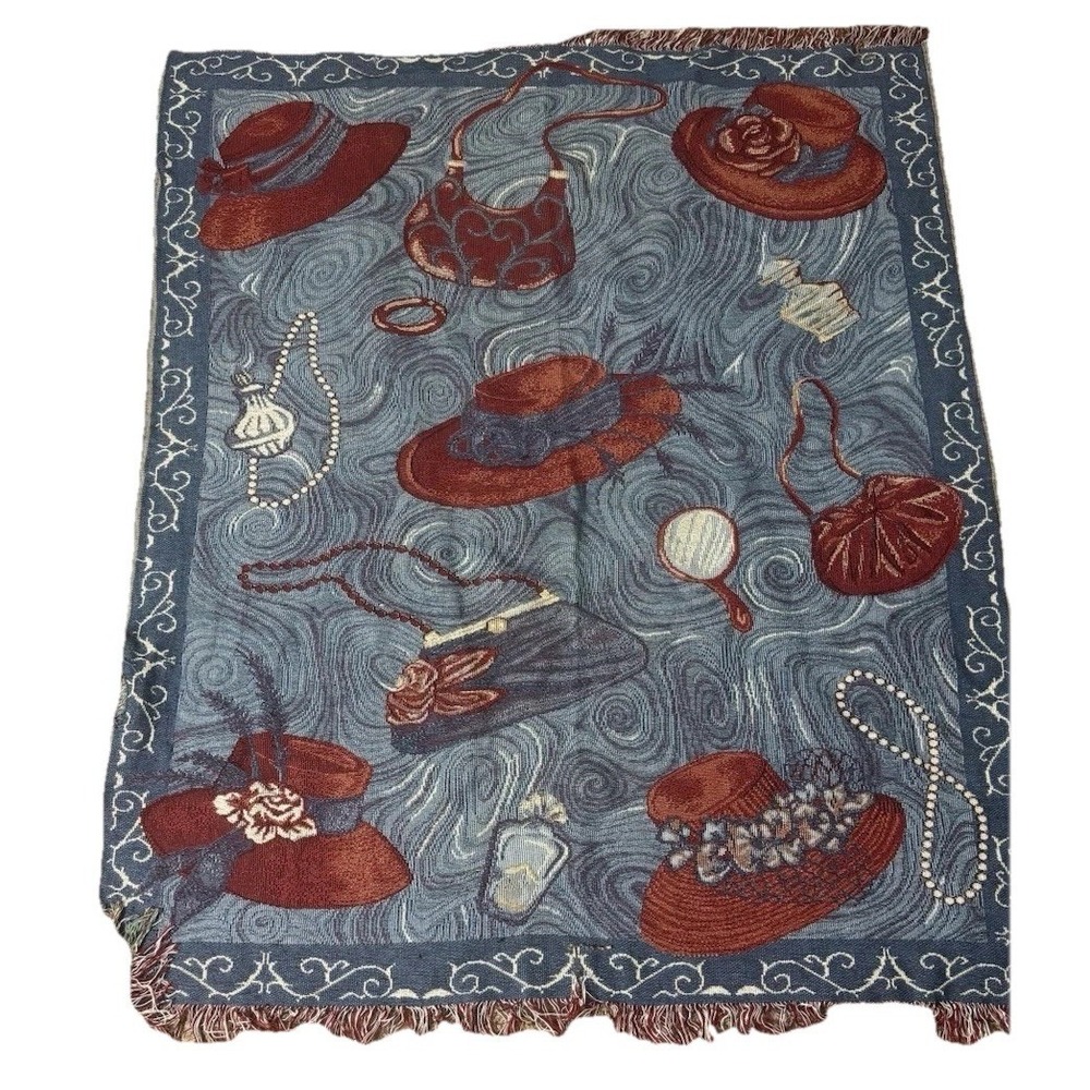 Vtg 2004 Paint Town Red Tapestry Throw Blanket 58X58 100% cotton Red Hat Society